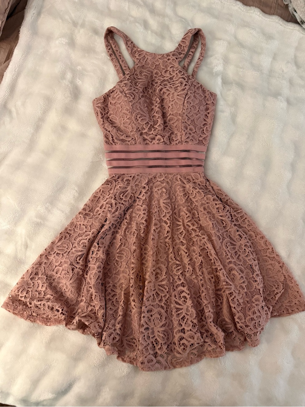 City Studio Dusty Rose Lace Illusion Halter Skater Mini Dress | Size XS ✨
